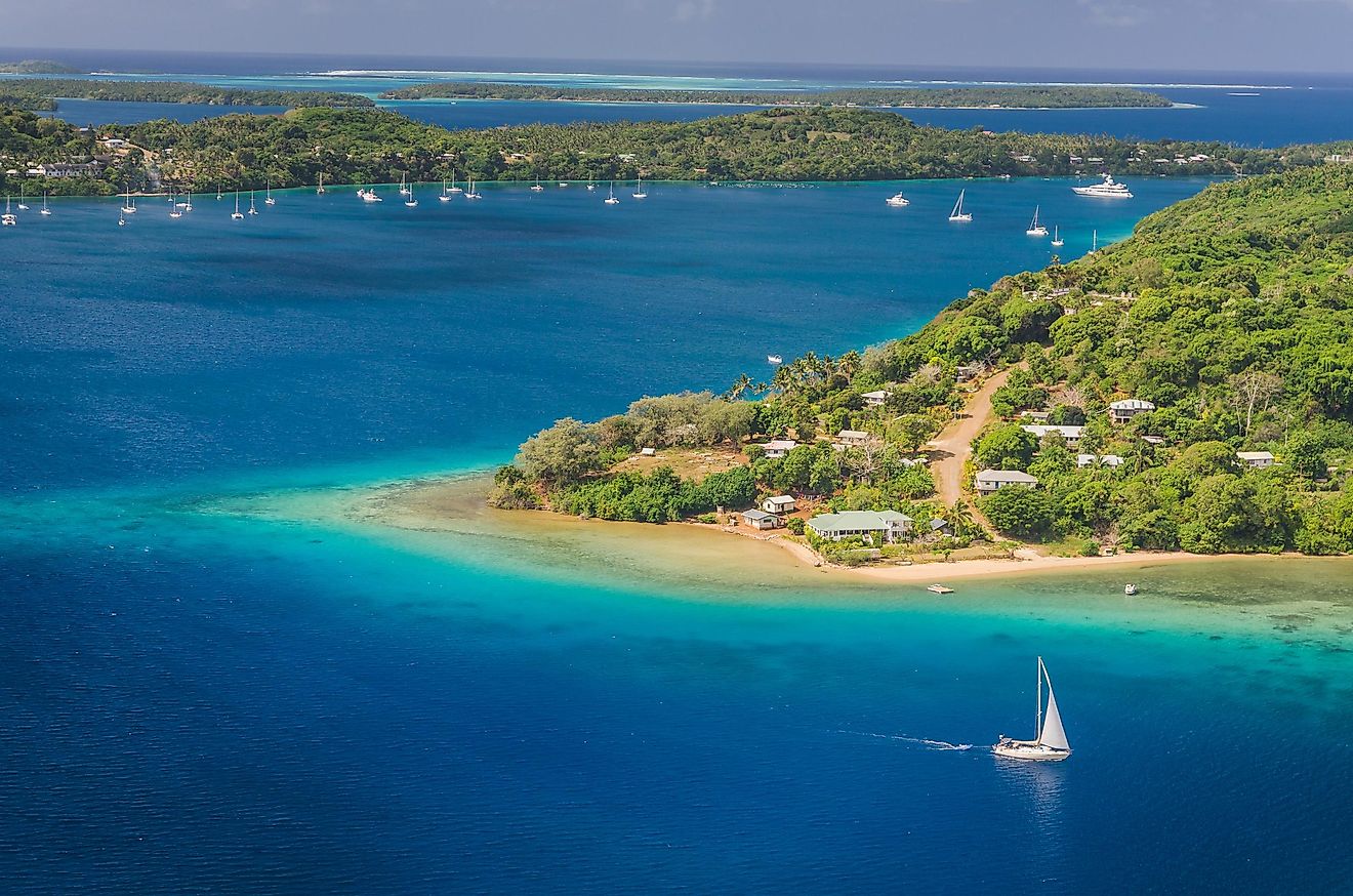 Aerial view of a beach in Tonga. 