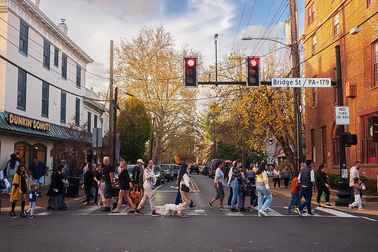 Pedestrians cross Main Street in New Hope