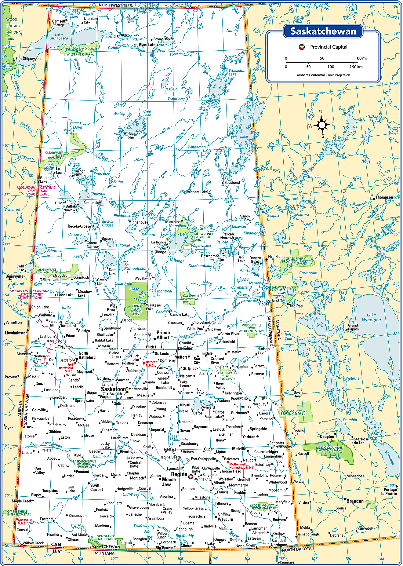 Administrative Map of Saskatchewan showing its various cities/towns including its capital city - Regina