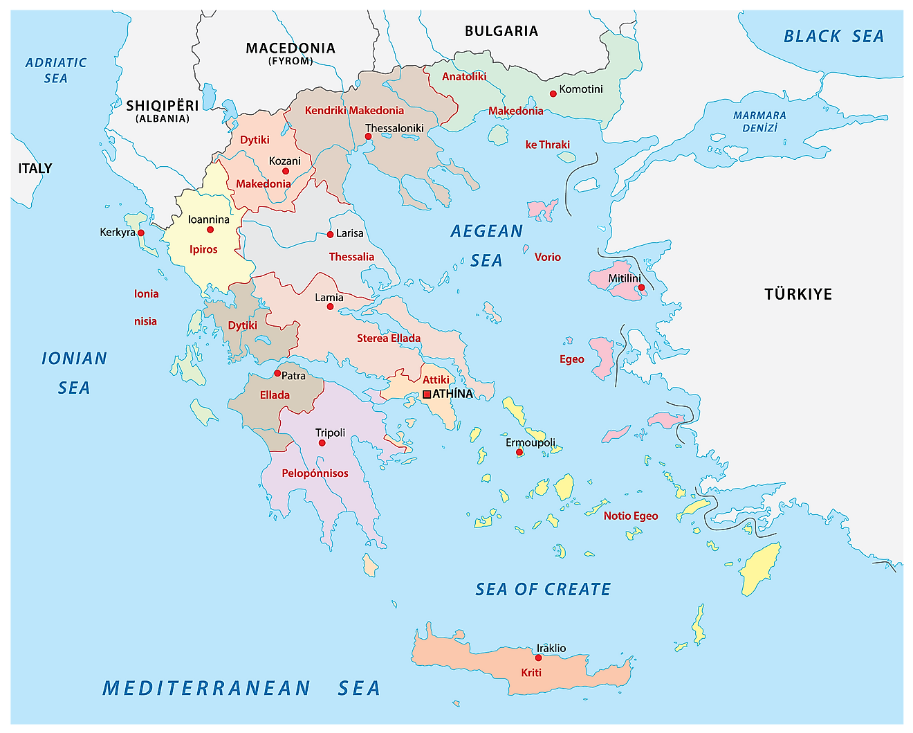 Political Map of Greece showing its 13 administrative regions and the capital Athens.