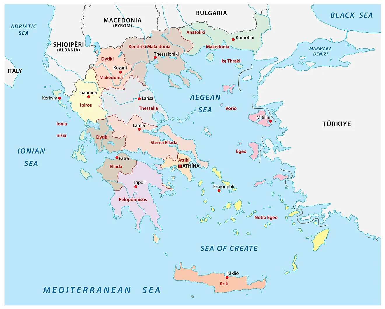 Political Map of Greece showing its 13 administrative regions and the capital Athens.