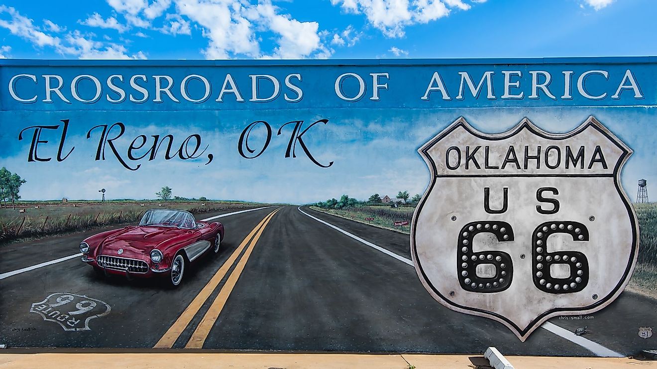 "Crossroads of America" mural on Route 66 in El Reno, Oklahoma. Editorial credit: Steve Lagreca / Shutterstock.com