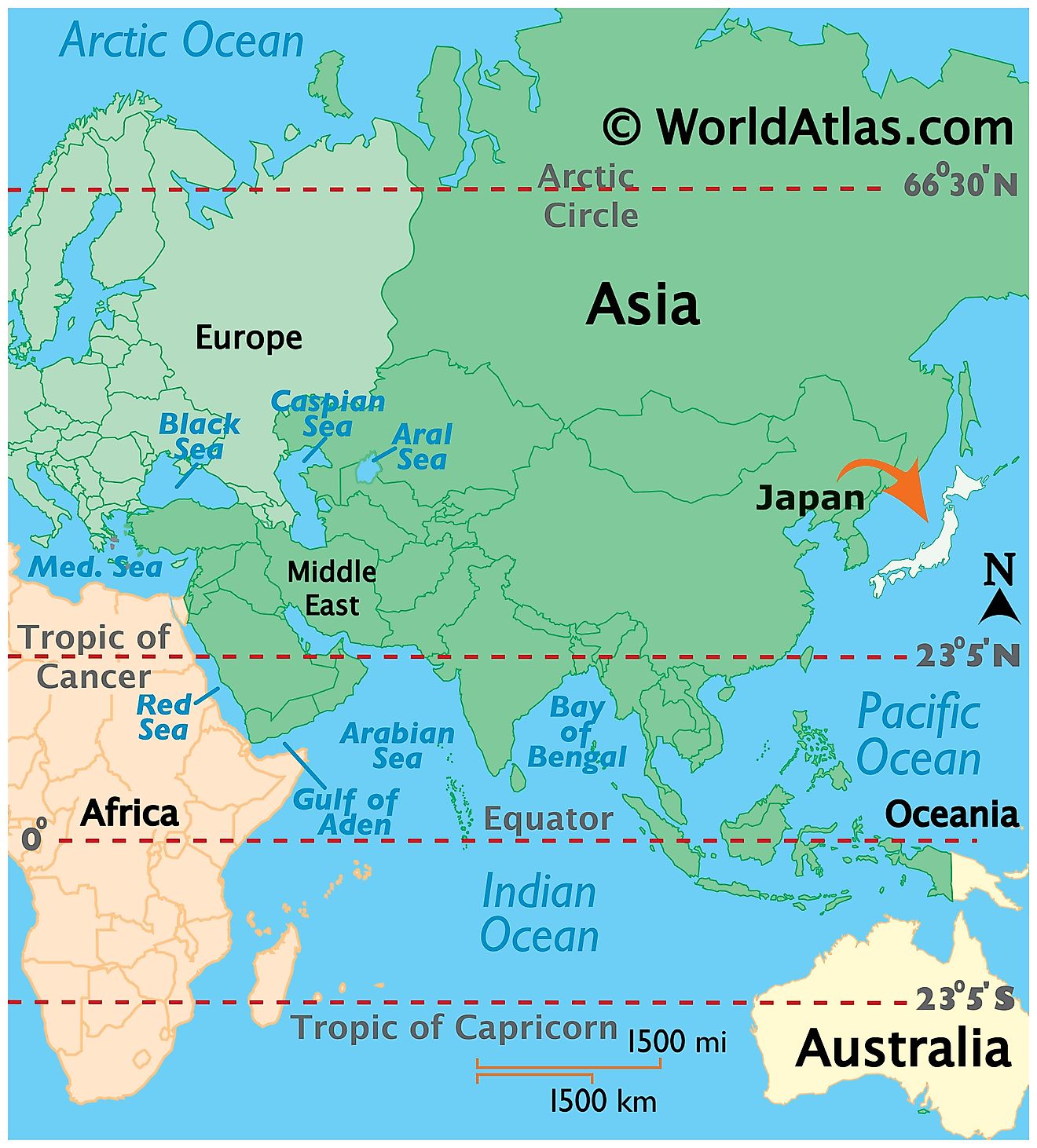 Map showing location of Japan in the world.