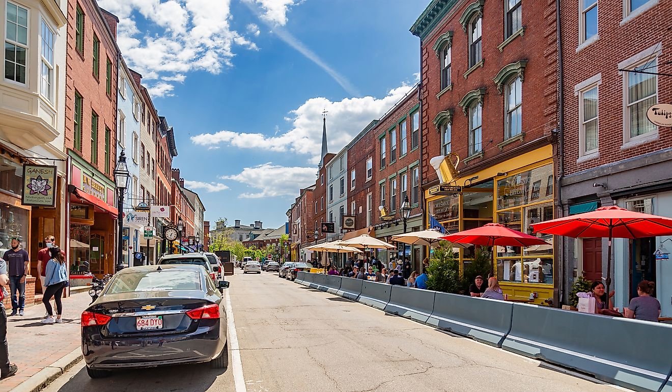rick buildings lined along a street in downtown Portsmouth, New Hampshire. Editorial credit: Enrico Della Pietra / Shutterstock.com