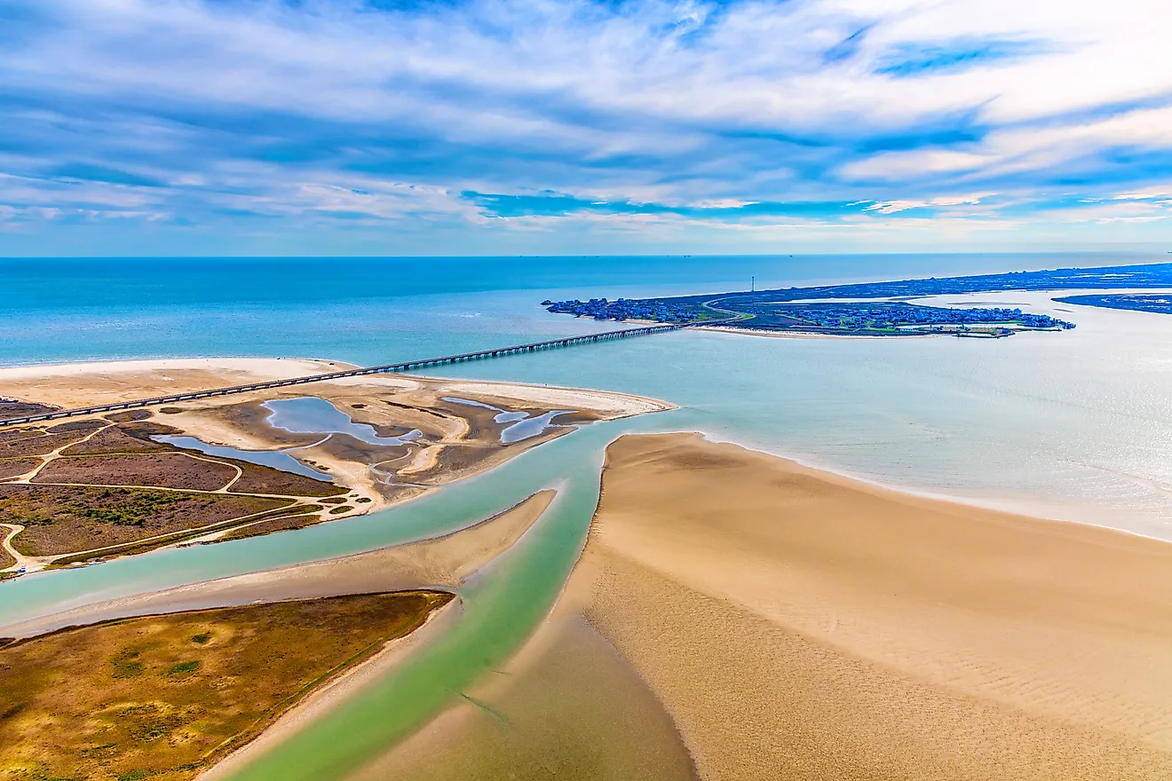 Aerial view of the southwest tip of Galveston Island