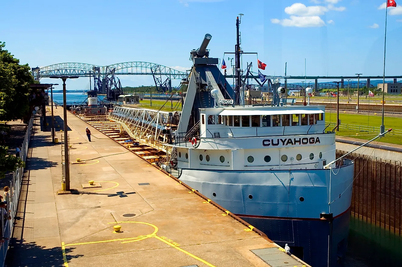 Great Lakes freighters passes through the Soo Locks at Sault Ste Marie Michigan connecting Lake Superior with Lake Huron