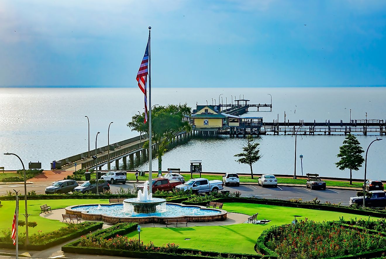 Fairhope Municipal Pier is pictured from above in Fairhope, Alabama. Image credit: Carmen K. Sisson / Shutterstock.com.