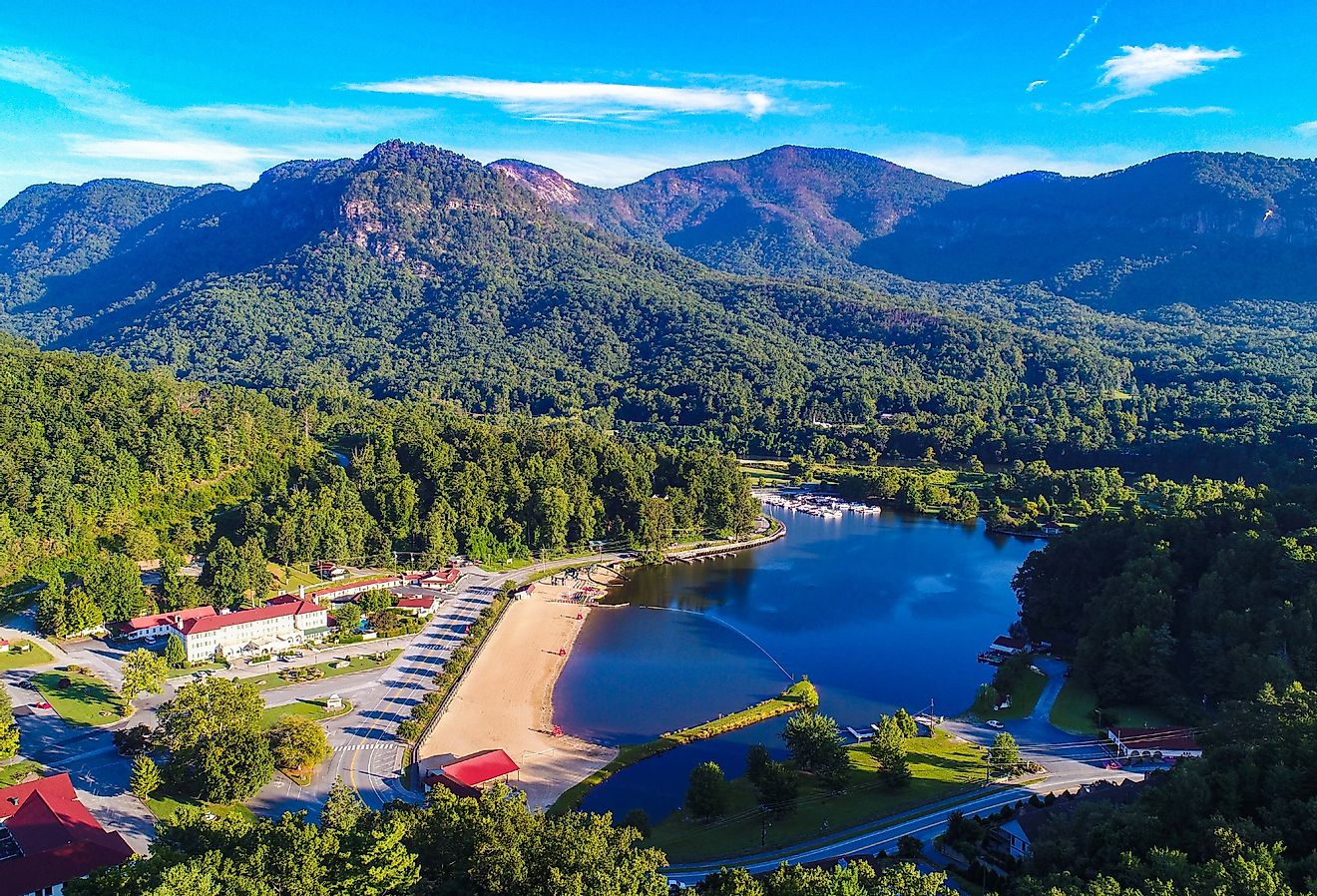 Aerial of Lake Lure and the mountains in North Carolina.