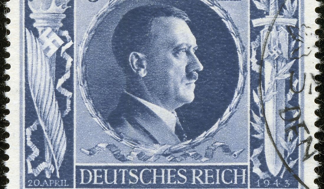 A stamp printed by the Germany Post in 1943 depicting Adolf Hitler, the Führer of the Third Reich. Editorial credit: withGod / Shutterstock.com
