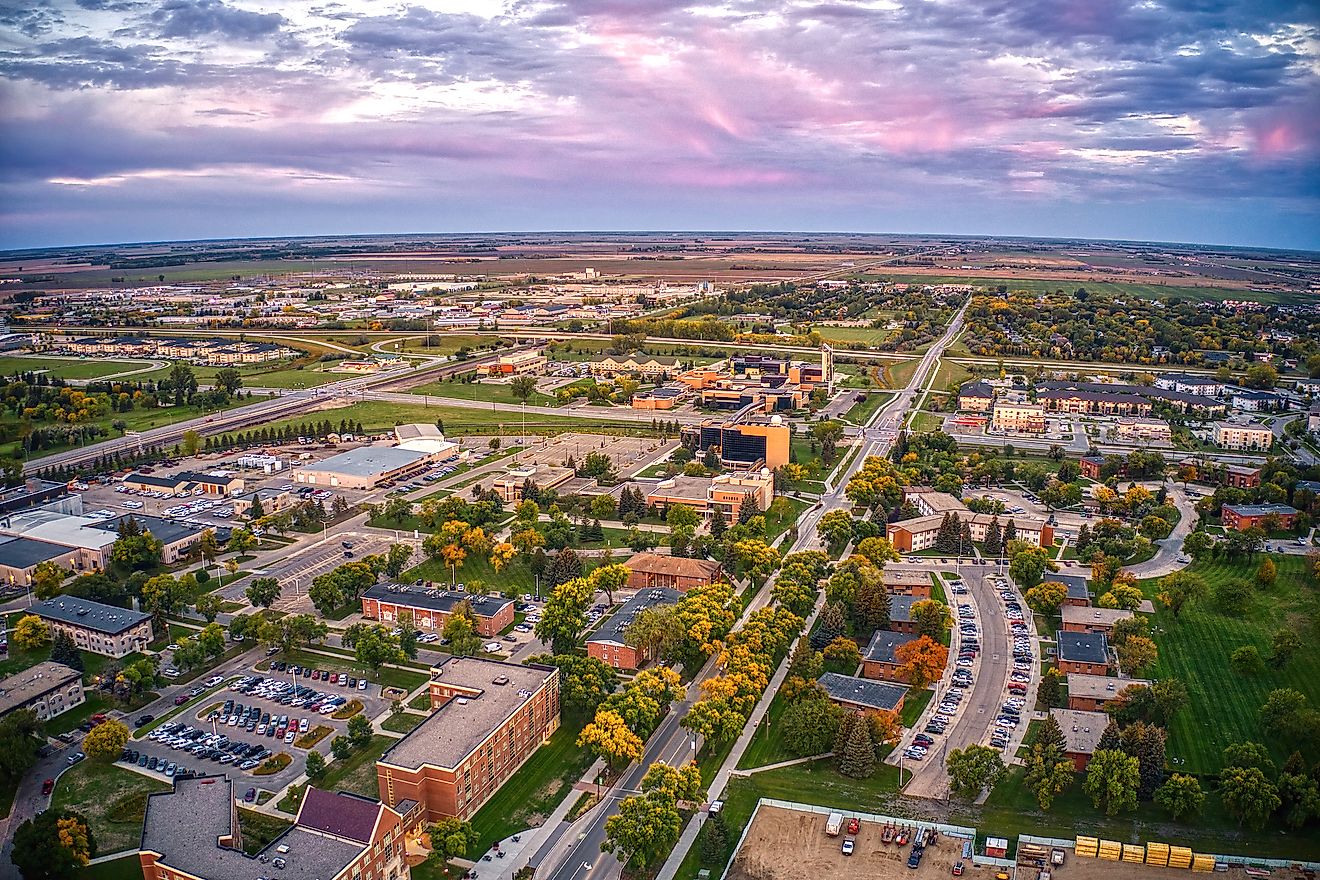 Aerial view of the college town of Grand Forks, North Dakota.