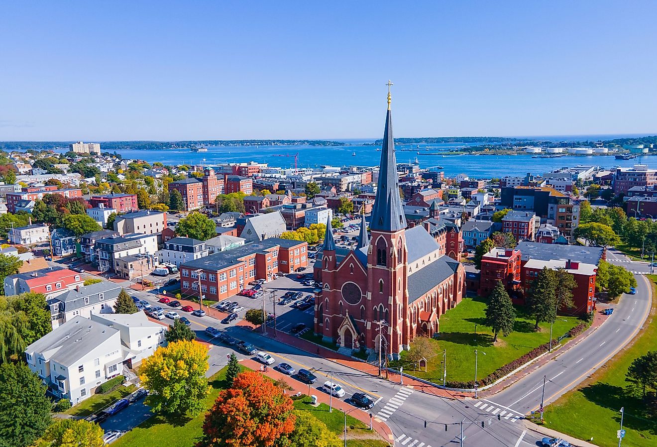 Aerial view of Portland Cathedral of the Immaculate Conception in downtown Portland, Maine.
