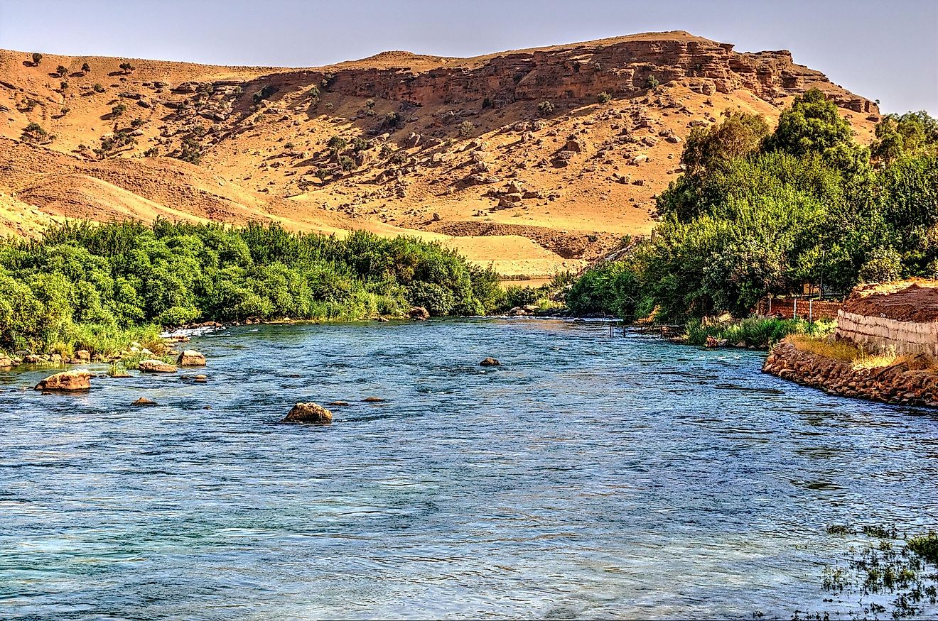 Greenery along the Diyala in Iraq contrasts the nearby arid landscapes.