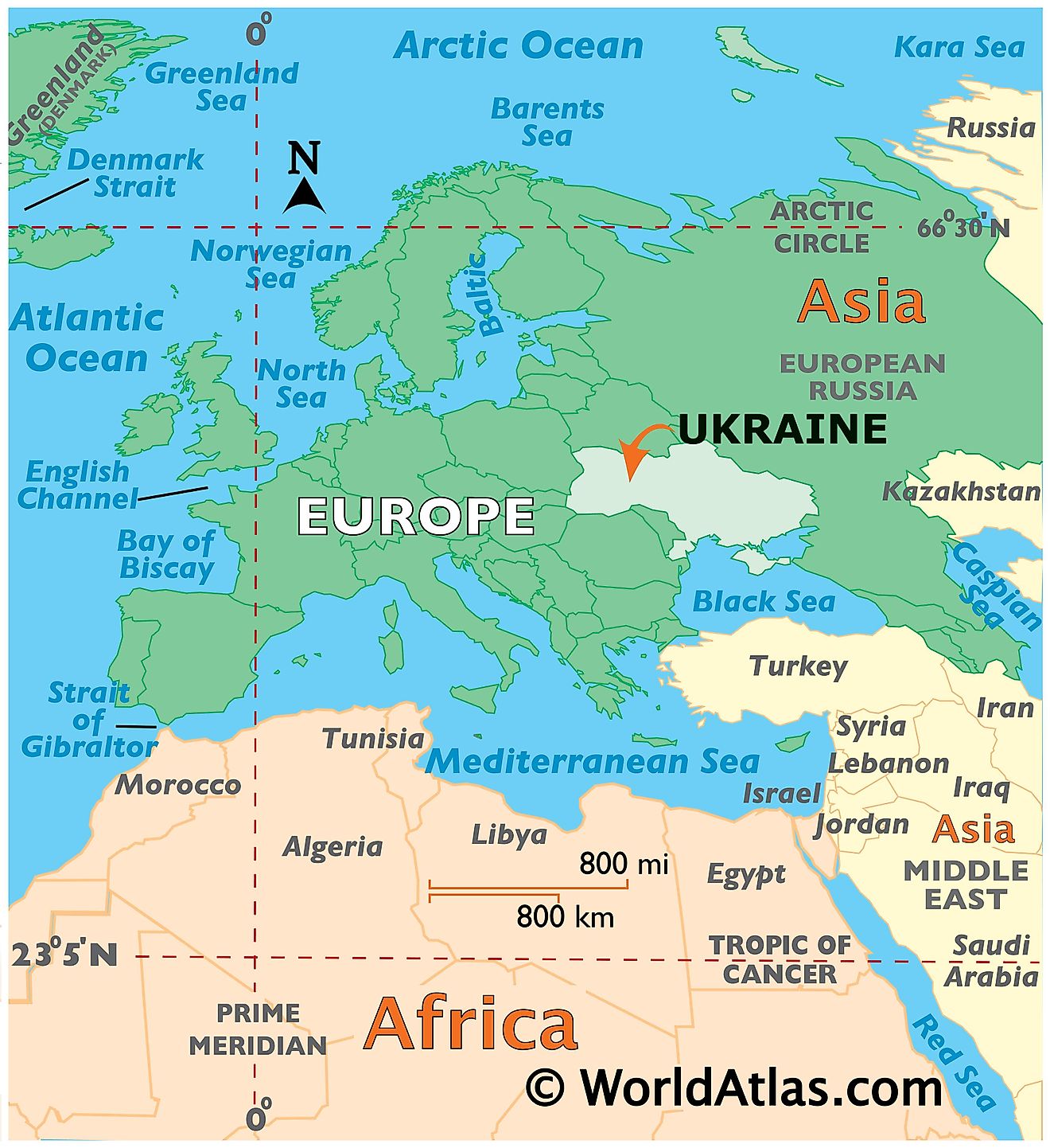 Map showing location of Ukraine in the world.