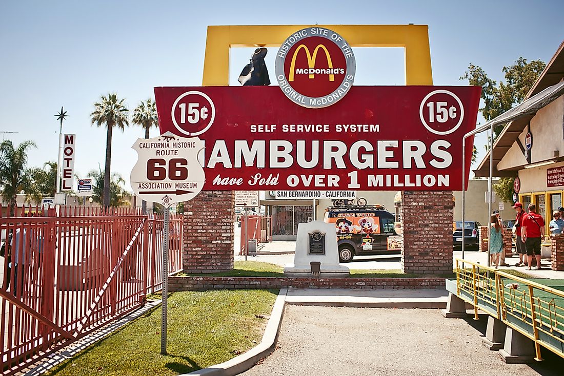 A sign outside of the first McDonald's in the world in San Bernardino, California. Part of the sign is original. Editorial credit: Andrey Bayda / Shutterstock.com.
