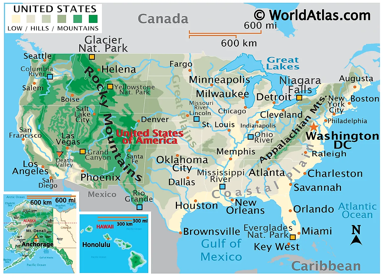 Phyiscal Map of the United States With State Boundaries. It shows the physical features of the US including its mountain ranges, rivers, and major lakes.