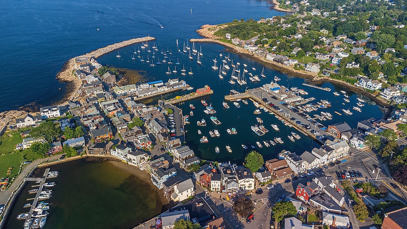 Rockport Harbor and Motif Nr. 1 aerial view in Rockport, Massachusetts.