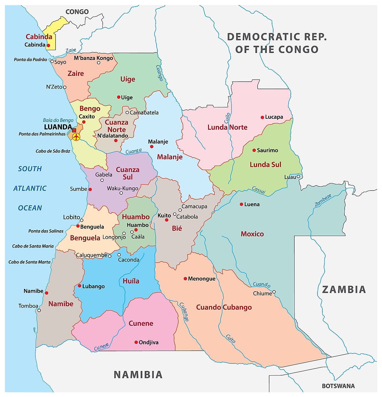 Political map of Angola displaying its 18 provinces and their capital city. 