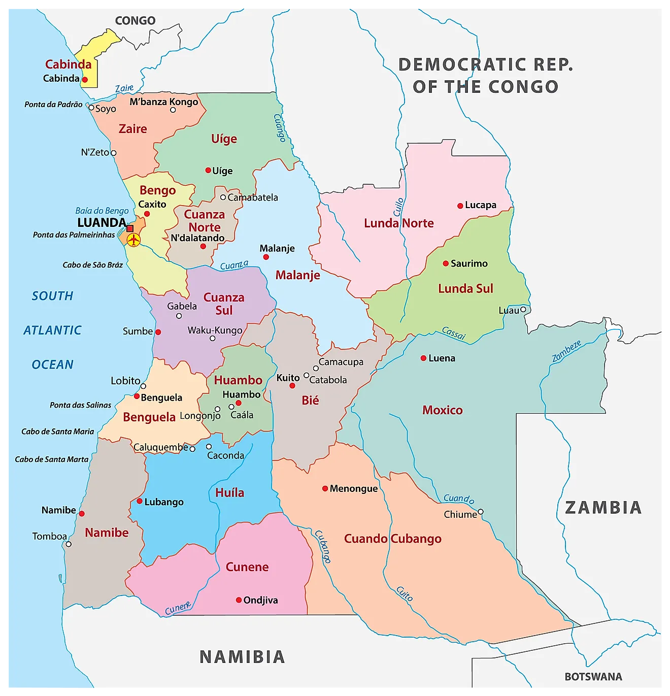 Political map of Angola displaying its 18 provinces and their capital city. 