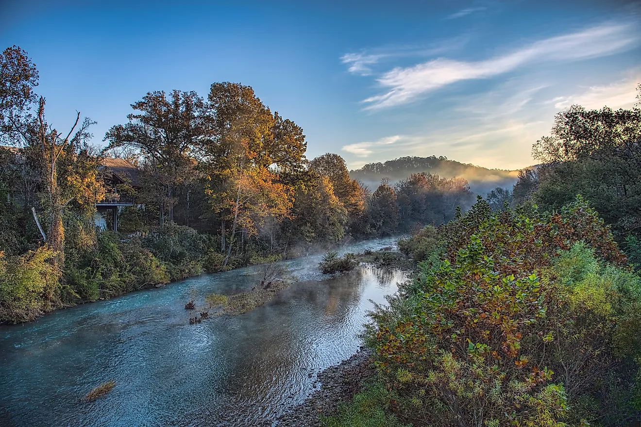 River Scene at Jasper, Arkansas, on a Misty Morning.