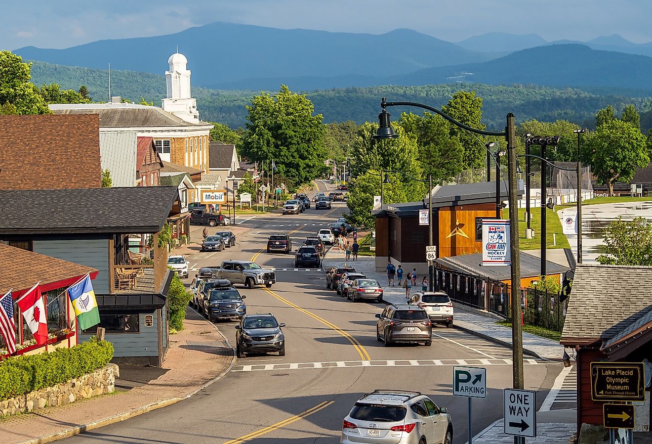 Main Street in Lake Placid, New York, with the mountains in the distance. Image credit Karlsson Photo via Shutterstock.com