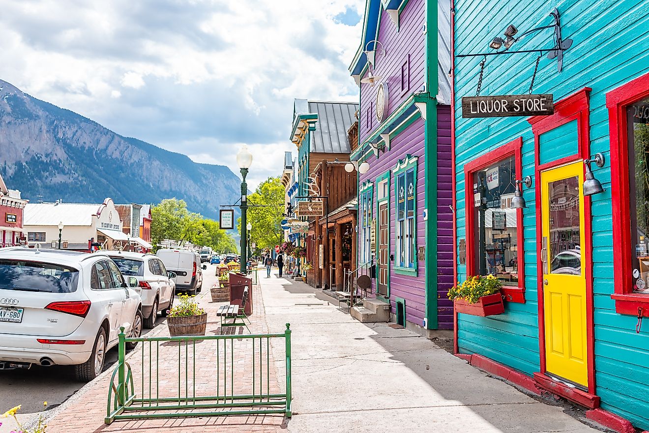 Colorful storefronts along the Main Street in Crested Butte, Colorado.