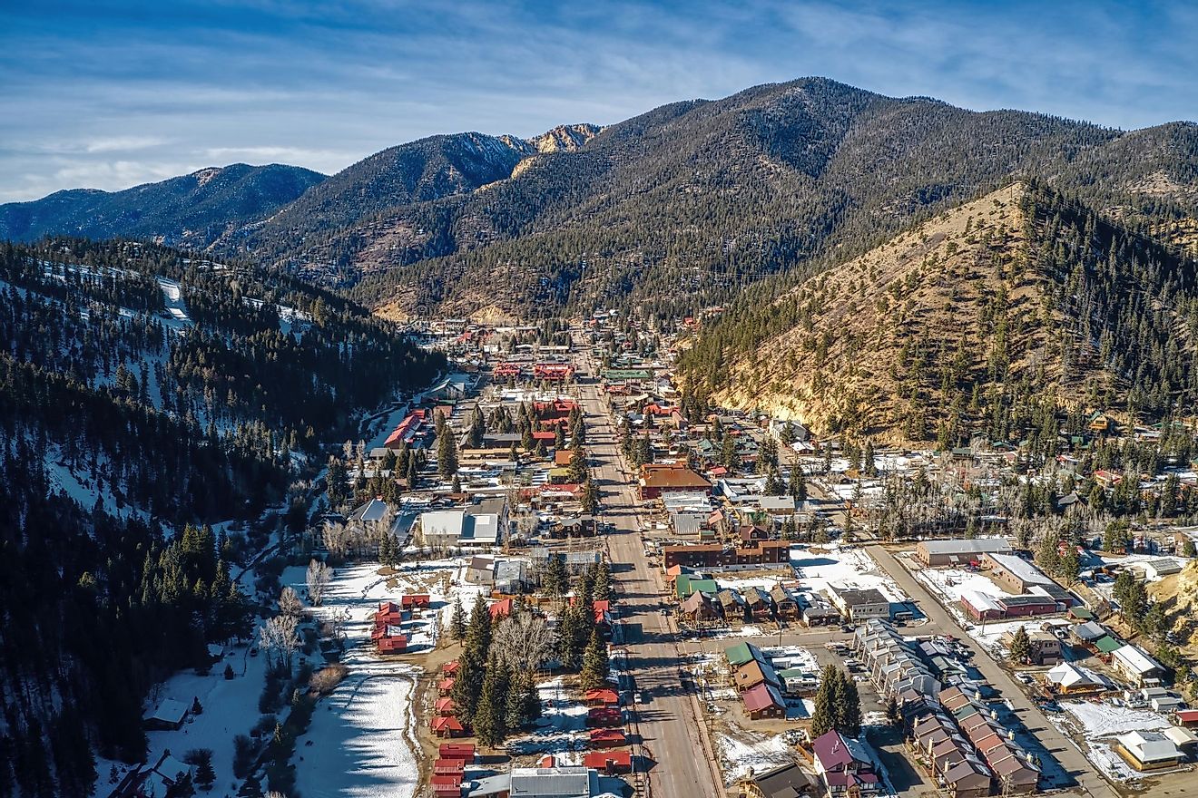 Aerial view of Red River Ski Town in New Mexico mountains.