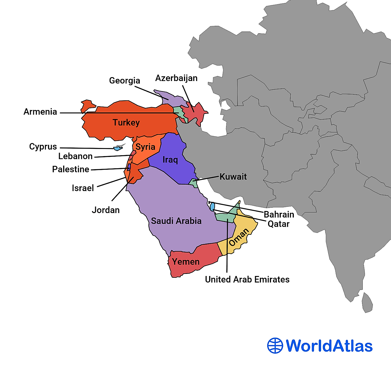 Map showing the 18 countries of Western Asia. 