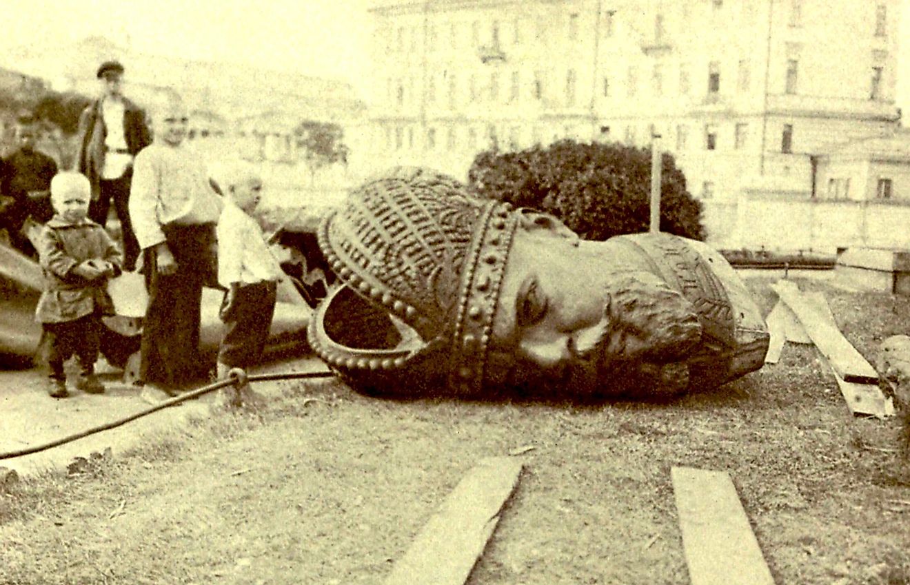 Bronze head of ruined statue of Czar Alexander III during Russian Revolution, 1917.