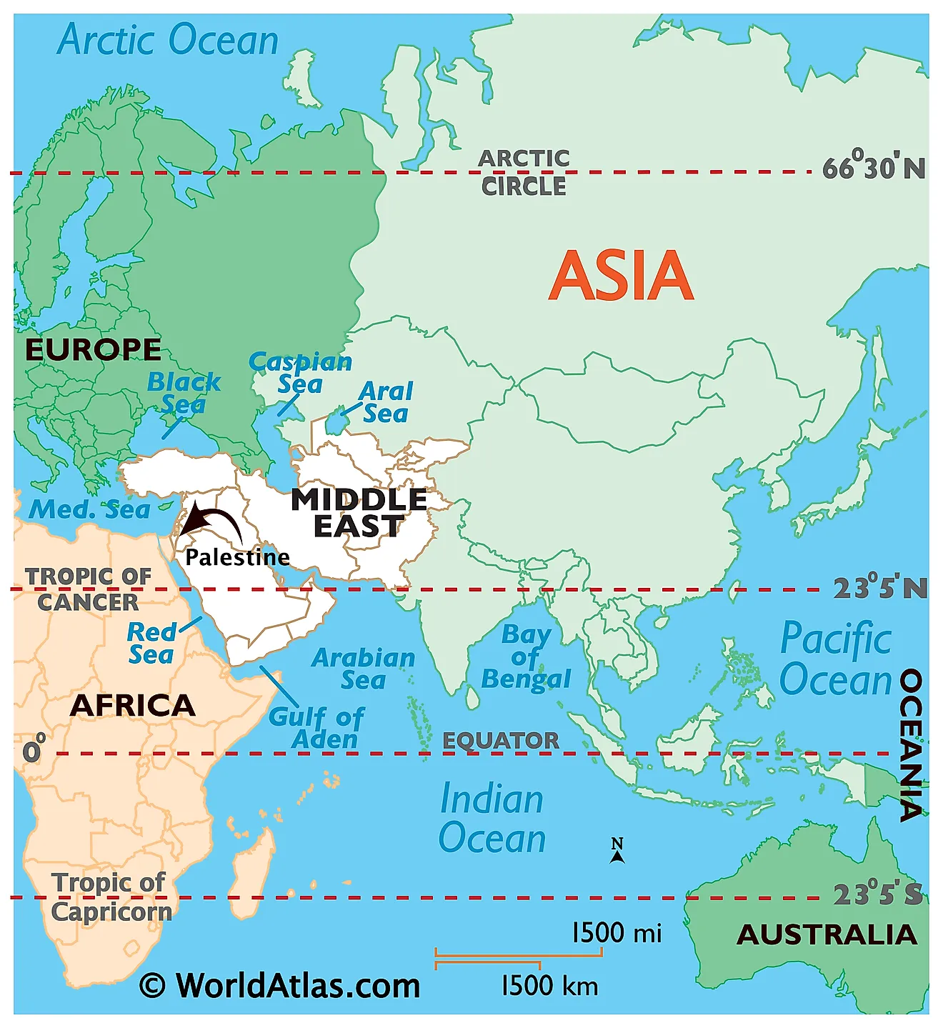 Map showing location of Palestine in the world.