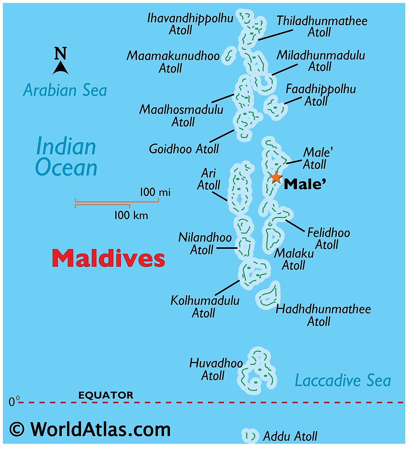 Physical Map of Maldives showing its atolls and the capital of Male.