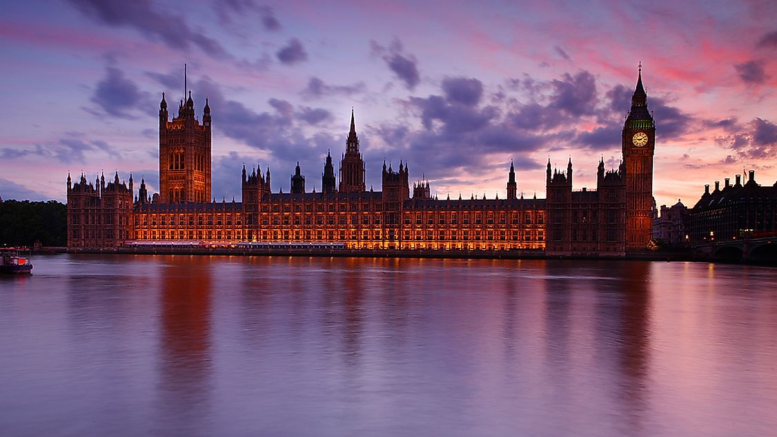 The British Parliament at dusk.