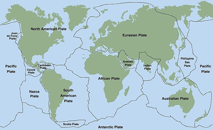 A map showing some of the world's major and minor tectonic plates. 