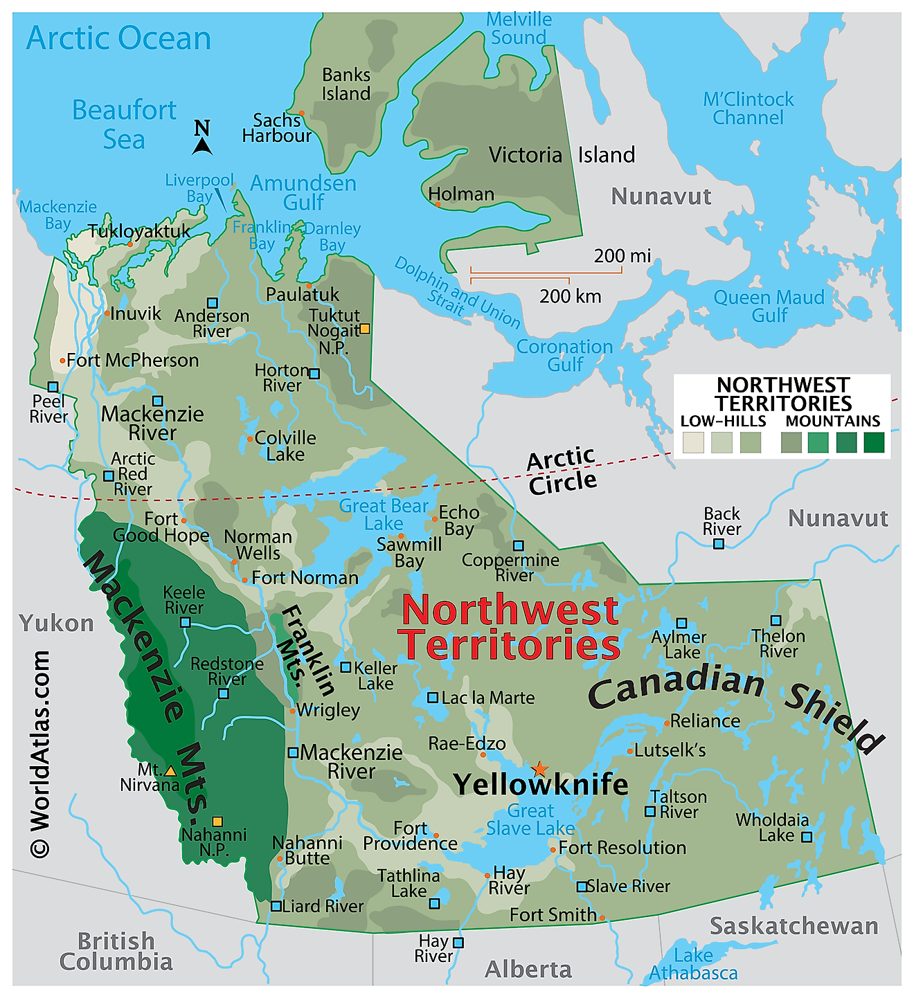 Physical Map of Northwest Territories. It shows the physical features of the Northwest Territories, including mountain ranges, important rivers, and major lakes.  