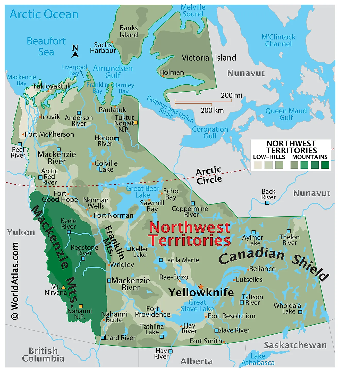 Physical Map of Northwest Territories. It shows the physical features of the Northwest Territories, including mountain ranges, important rivers, and major lakes.  