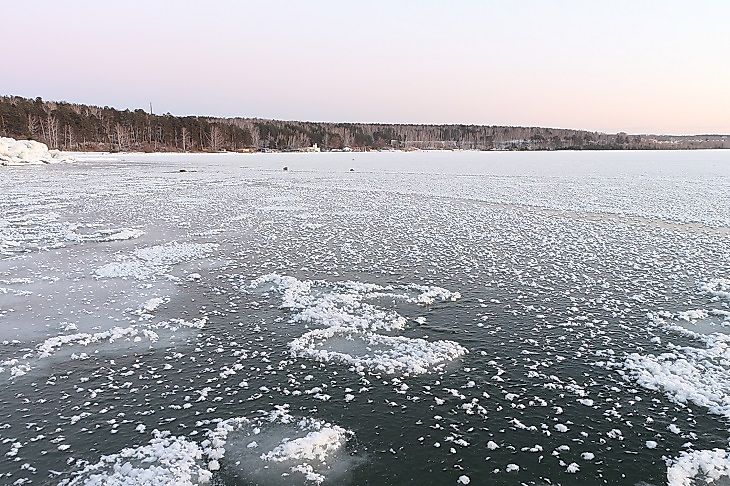 Wintertime ice forming upon the surface of the Ob River.