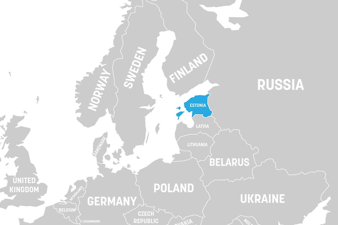 Estonia (blue) borders the Gulf of Finland to the north, and the Baltic Sea to the west.