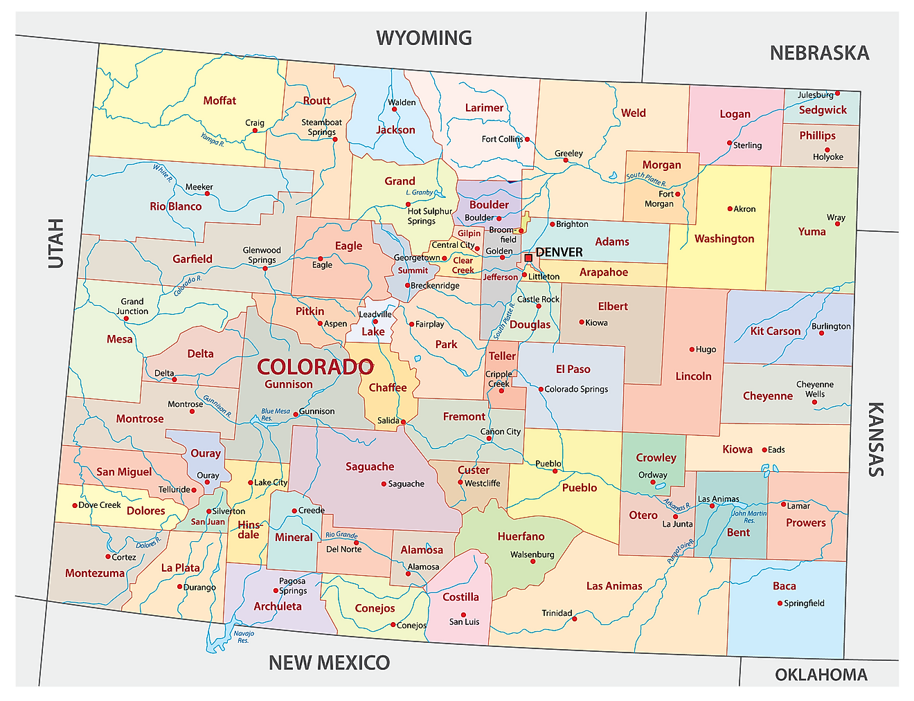 Mapa administrativo de Colorado que muestra sus 64 condados y la ciudad capital - Denver