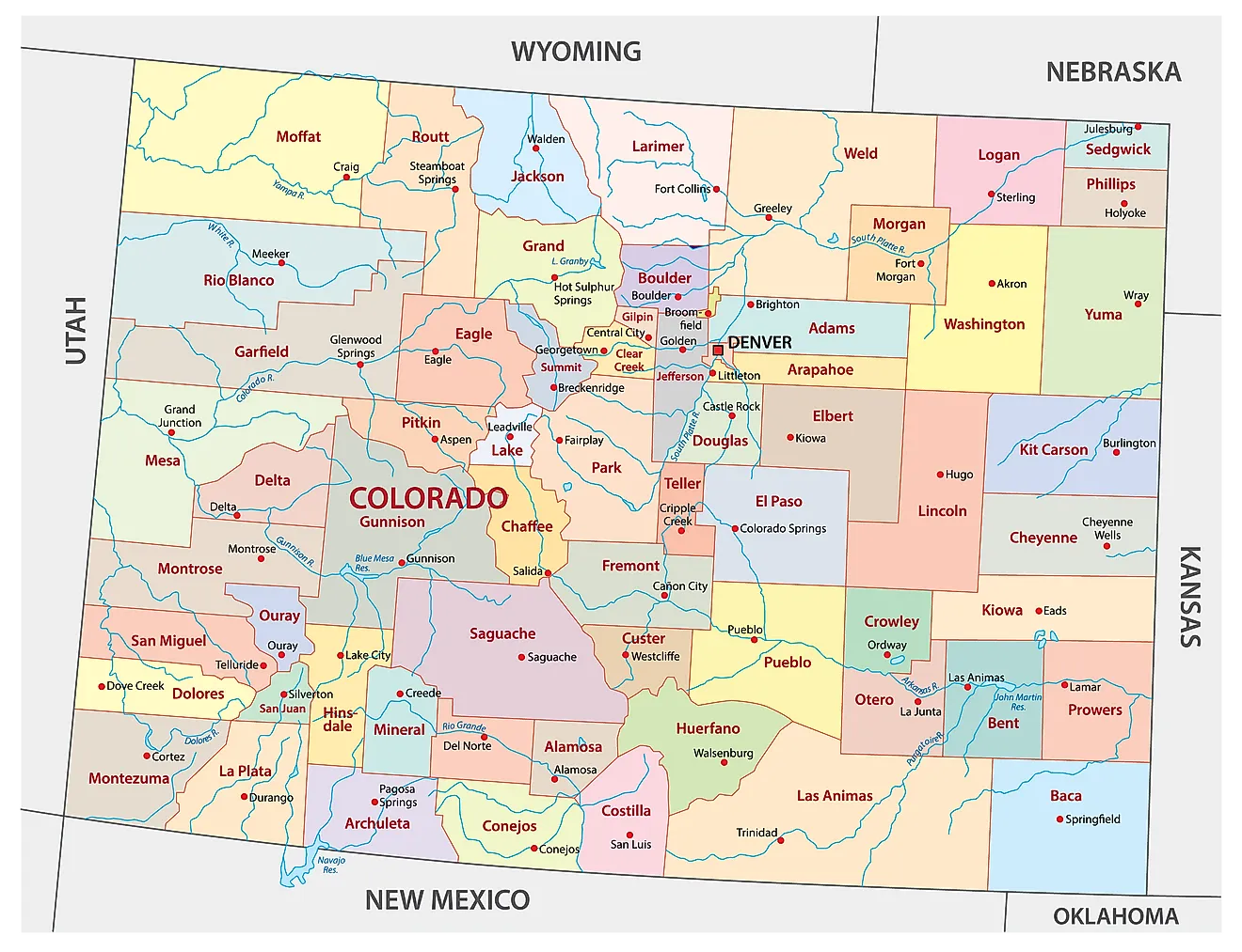 Administrative Map of Colorado showing its 64 counties and the capital city - Denver