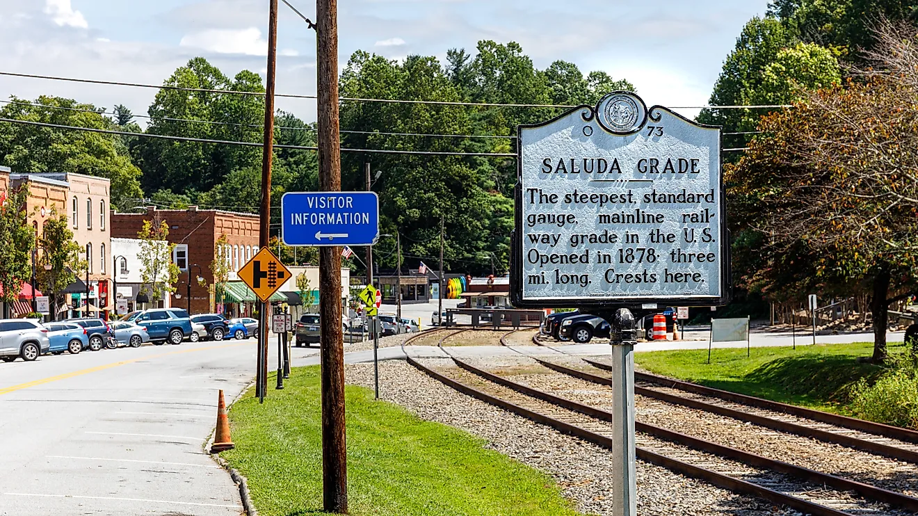 Sign for the "Saluda Grade," the steepest standard gauge, mainline railway grade in the U.S at Saluda, North Carolina.