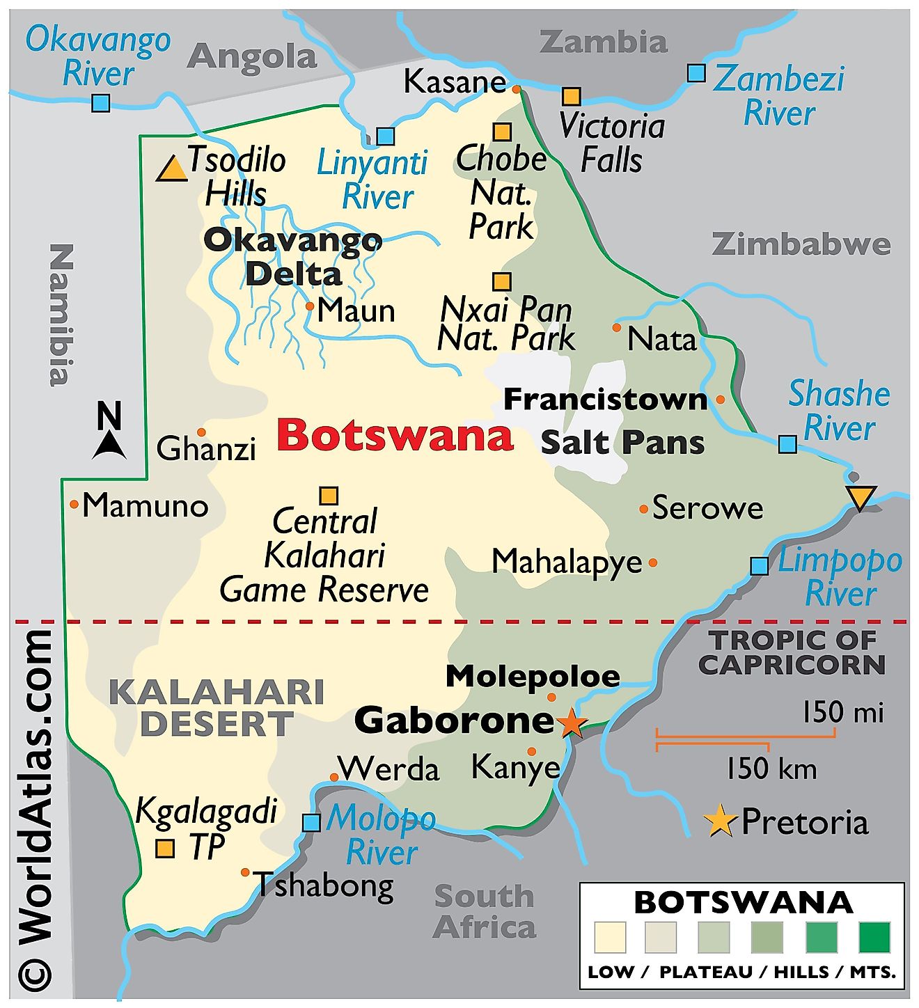 Mapa físico de Botswana con límites estatales. El mapa también muestra las características físicas de Botswana, incluido el relieve, los principales ríos y lagos, el delta del Okavango, los puntos extremos, el área desértica y las principales ciudades.