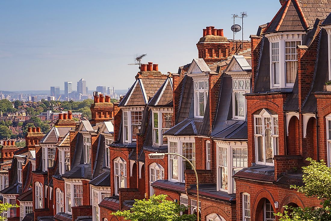 Typical housing in London, United Kingdom. Housing costs contribute to London being one of the world's most expensive in which to live. 