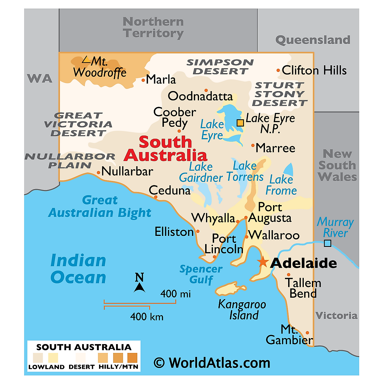 Physical Map of South Australia. It shows the physical features of South Australia, including mountain ranges, important rivers, and major lakes. 