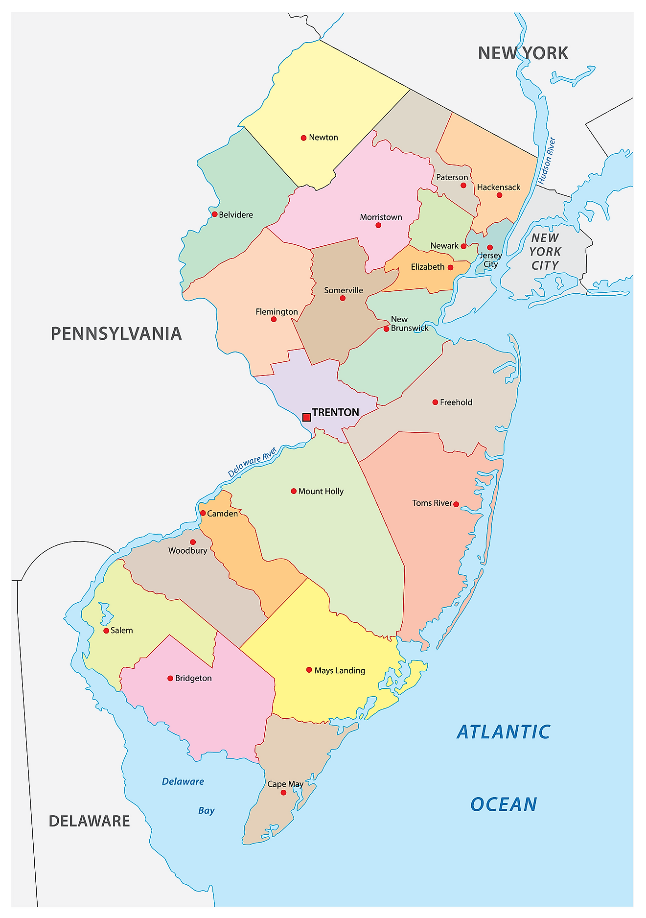 Mapa administrativo de Nueva Jersey que muestra sus 21 condados y la ciudad capital - Trenton