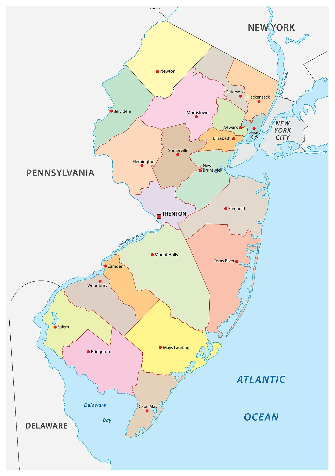 Mapa administrativo de Nueva Jersey que muestra sus 21 condados y la ciudad capital - Trenton