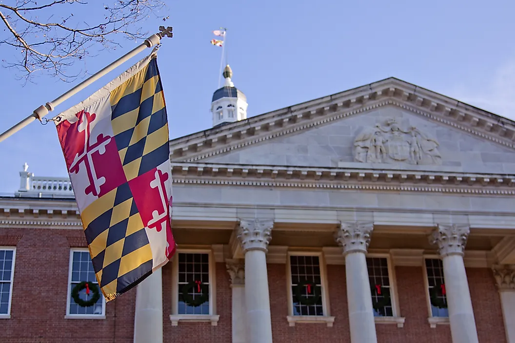 The state flag hanging out the Maryland State House in Annapolis. 