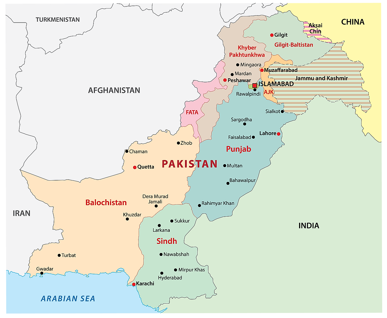Mapa político de Pakistán que muestra las principales divisiones administrativas y la ciudad capital de Islamabad.