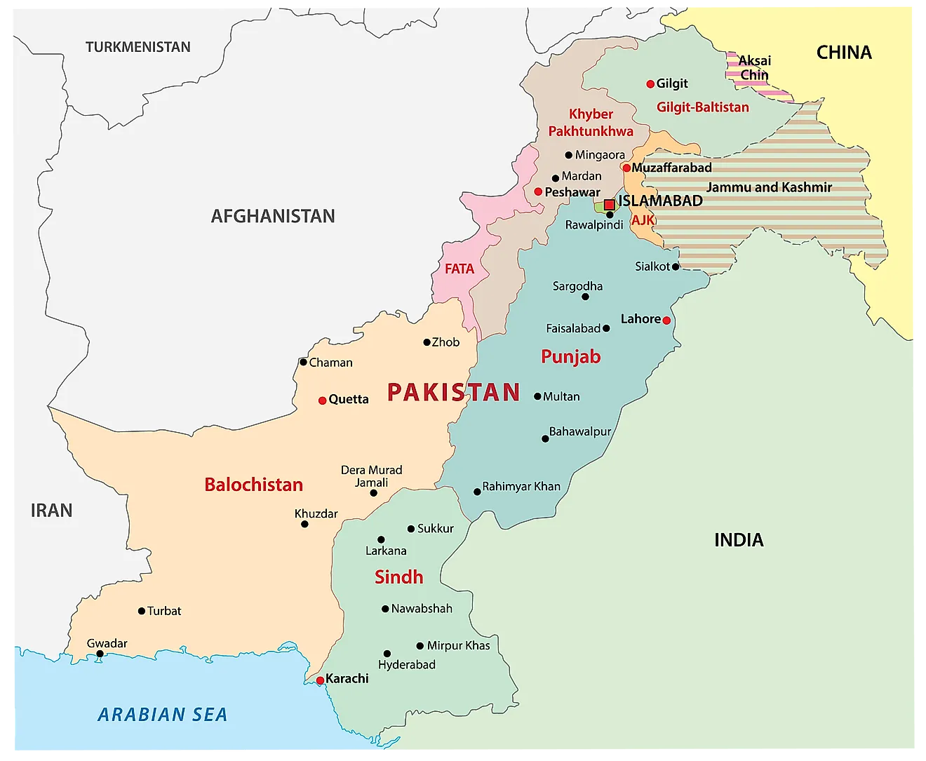 Political Map of Pakistan showing the major administrative divisions and the capital city of Islamabad.