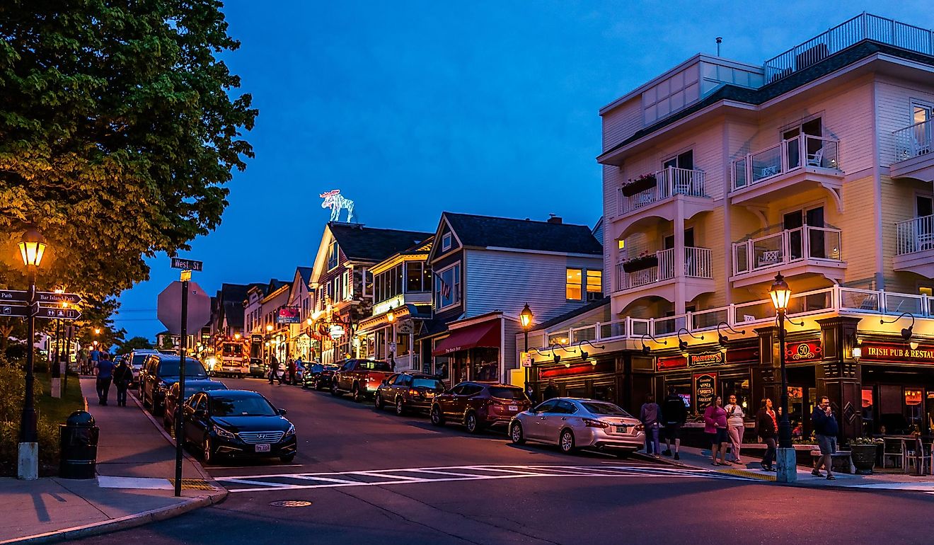 People walking by Main road in Bar Harbor, Maine