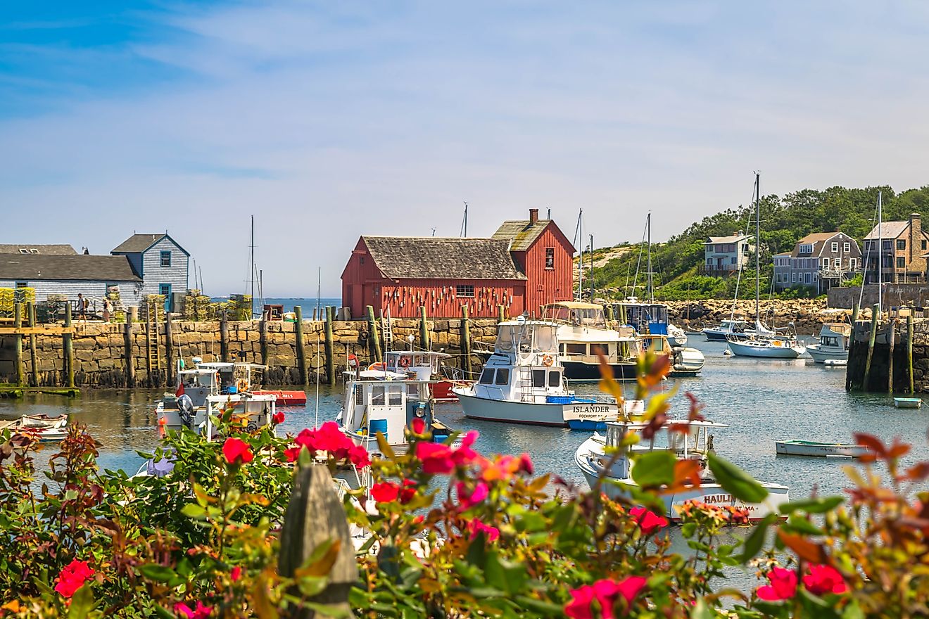Flowers and boats lining the harbor in Rockport, Massachusetts. Editorial credit: Keith J Finks / Shutterstock.com