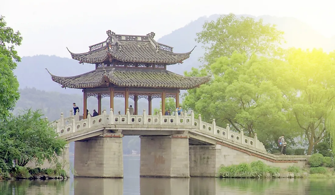 Bridge over West Lake in Hangzhou, China originally built during the Song Dynasty.